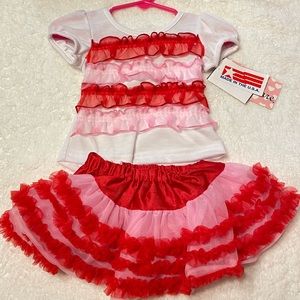 Red and Pink Ruffle Skirt and Shirt Outfit Sz 3-6 months
